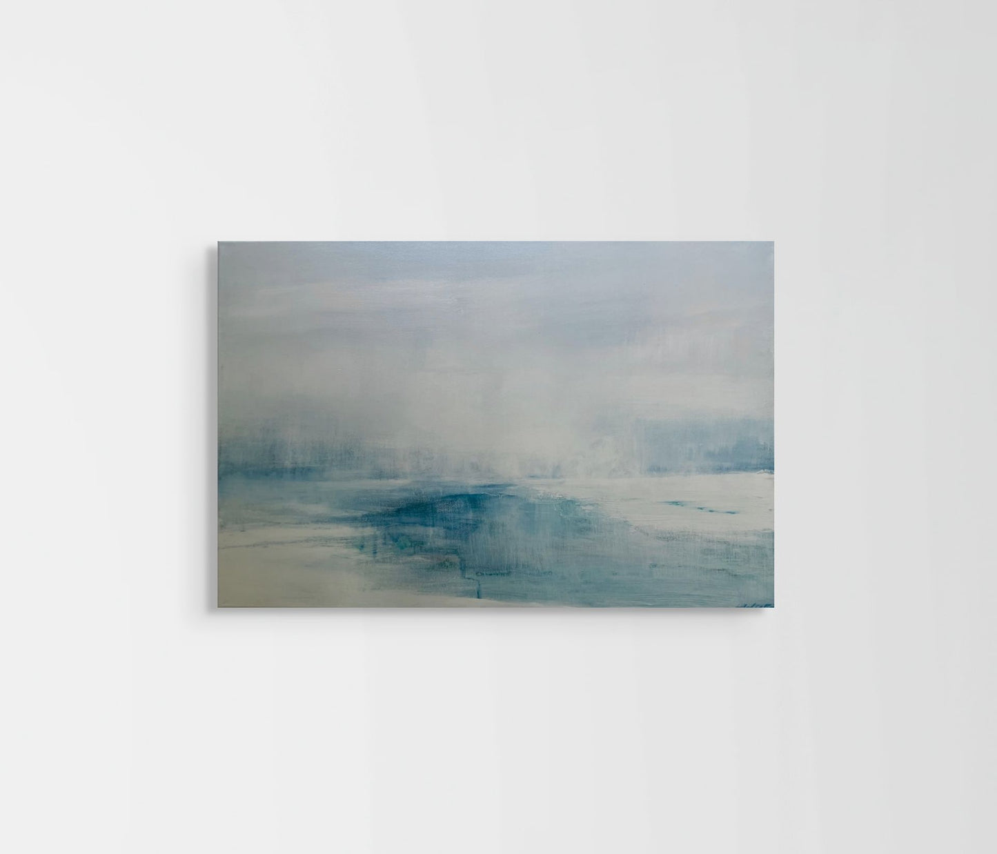 Abstract sea painting with blue and grey tones on a white background