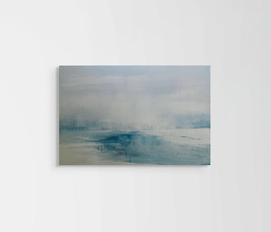 Abstract sea painting with blue and grey tones on a white background