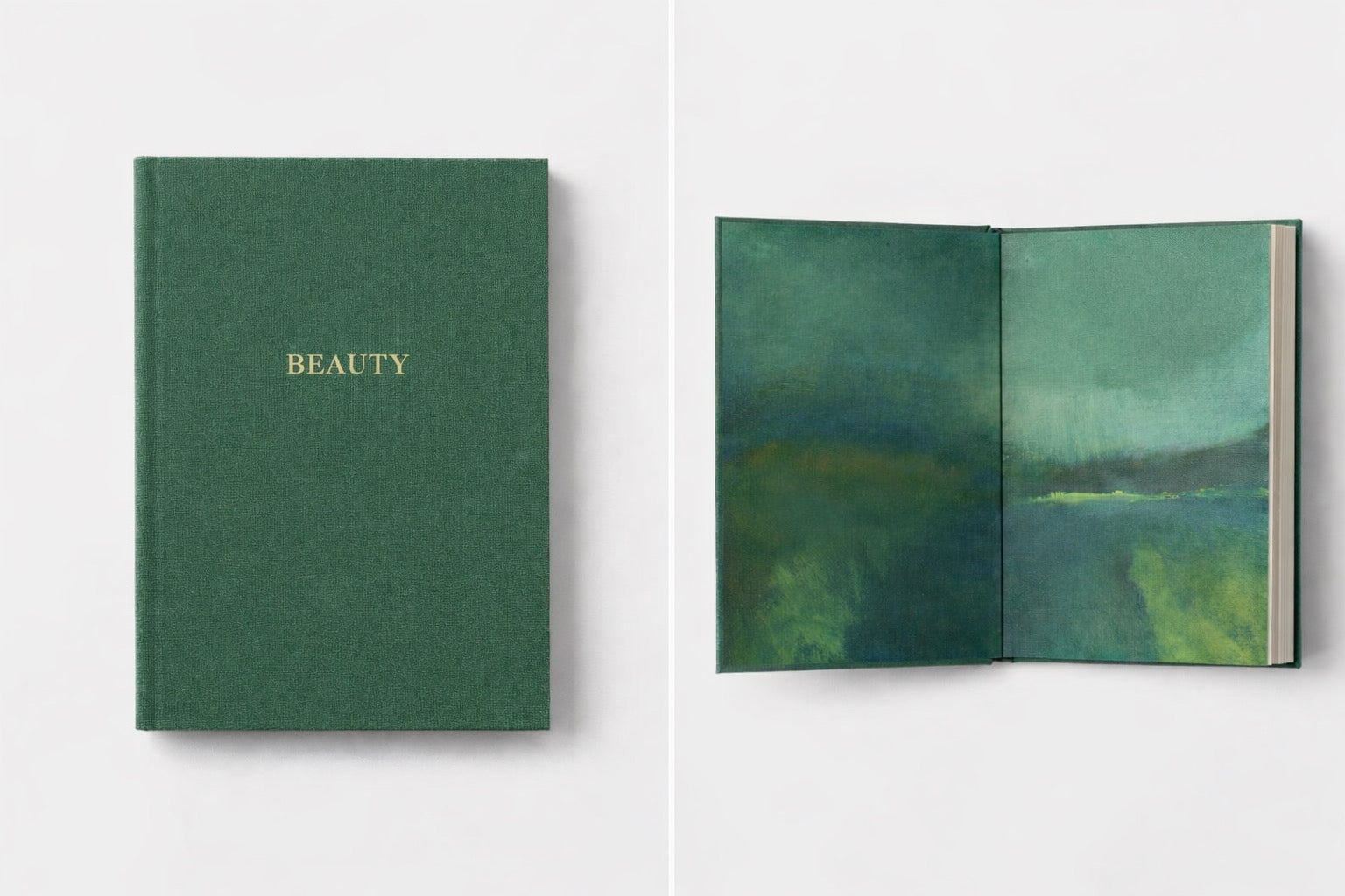 Green notebook with 'BEAUTY' on the cover and an open view of a landscape illustration.