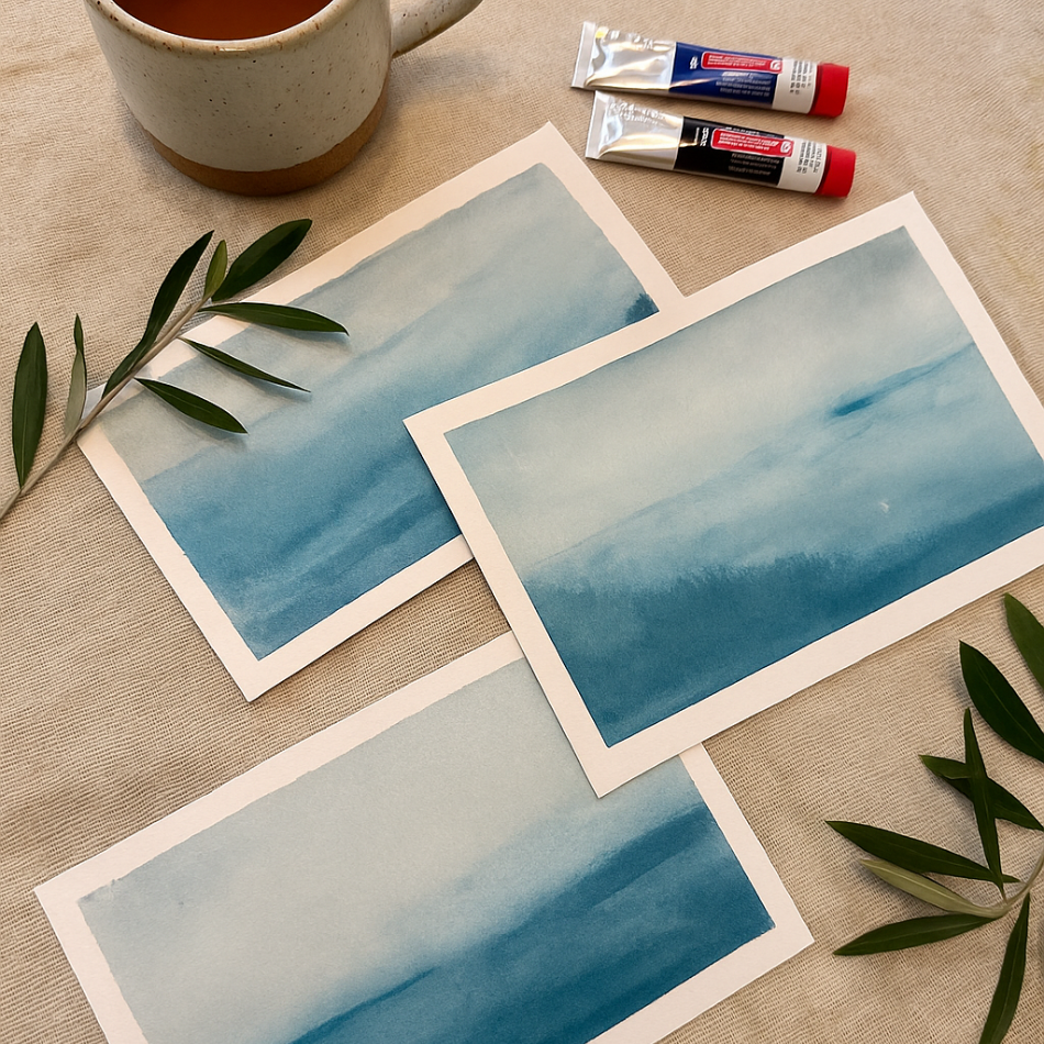 Three watercolor paintings of blue skies on a beige surface with a cup of tea and paint tubes.
