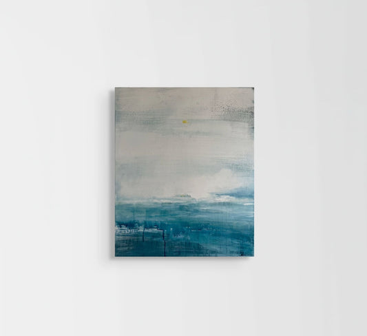 Abstract painting with blue and gray tones on a white background